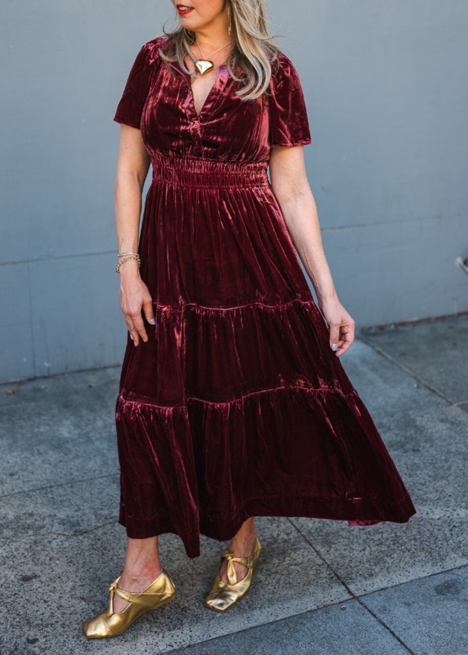 Anthropologie Somerset Velvet Maxi Dress XS Red pockets tiered holiday evening